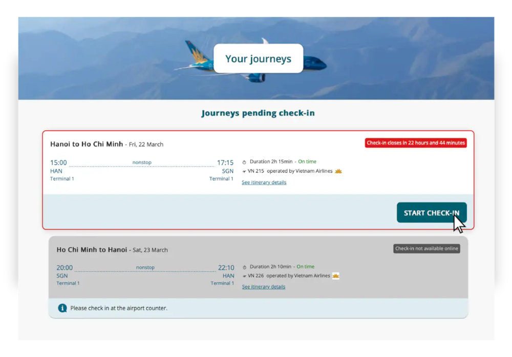 “Vietnam Airlines” online check-in interface